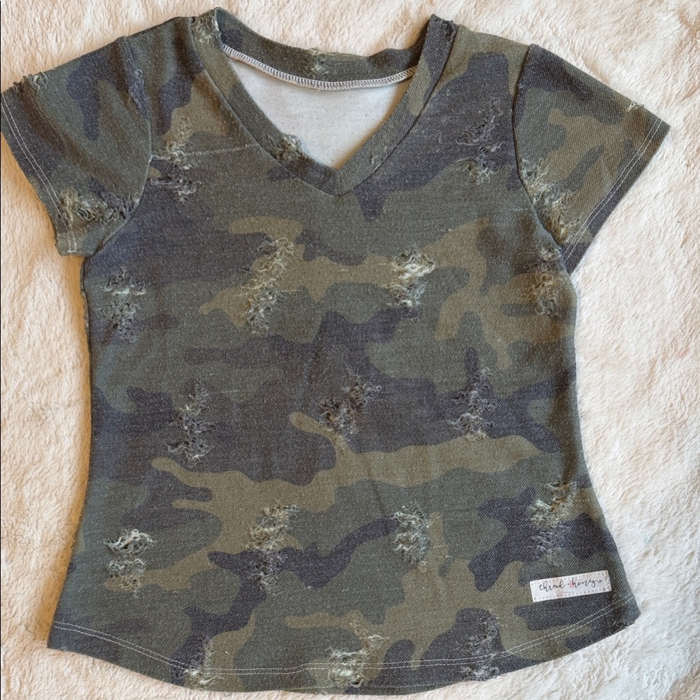 Feminine Cut, distressed Camo V-Neck Tee